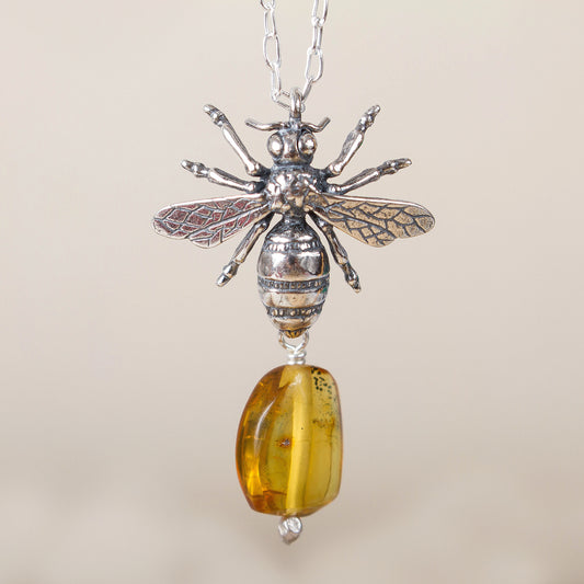 Worker Bee Bee-Themed Amber Pendant Necklace from Mexico