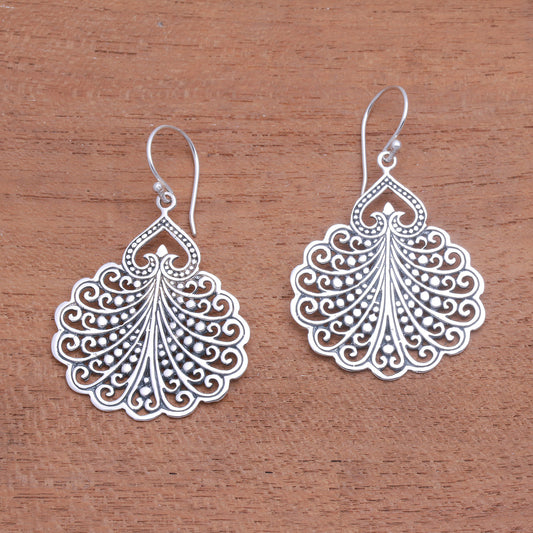 Peacock's Tail Fan Pattern Sterling Silver Dangle Earrings from Bali