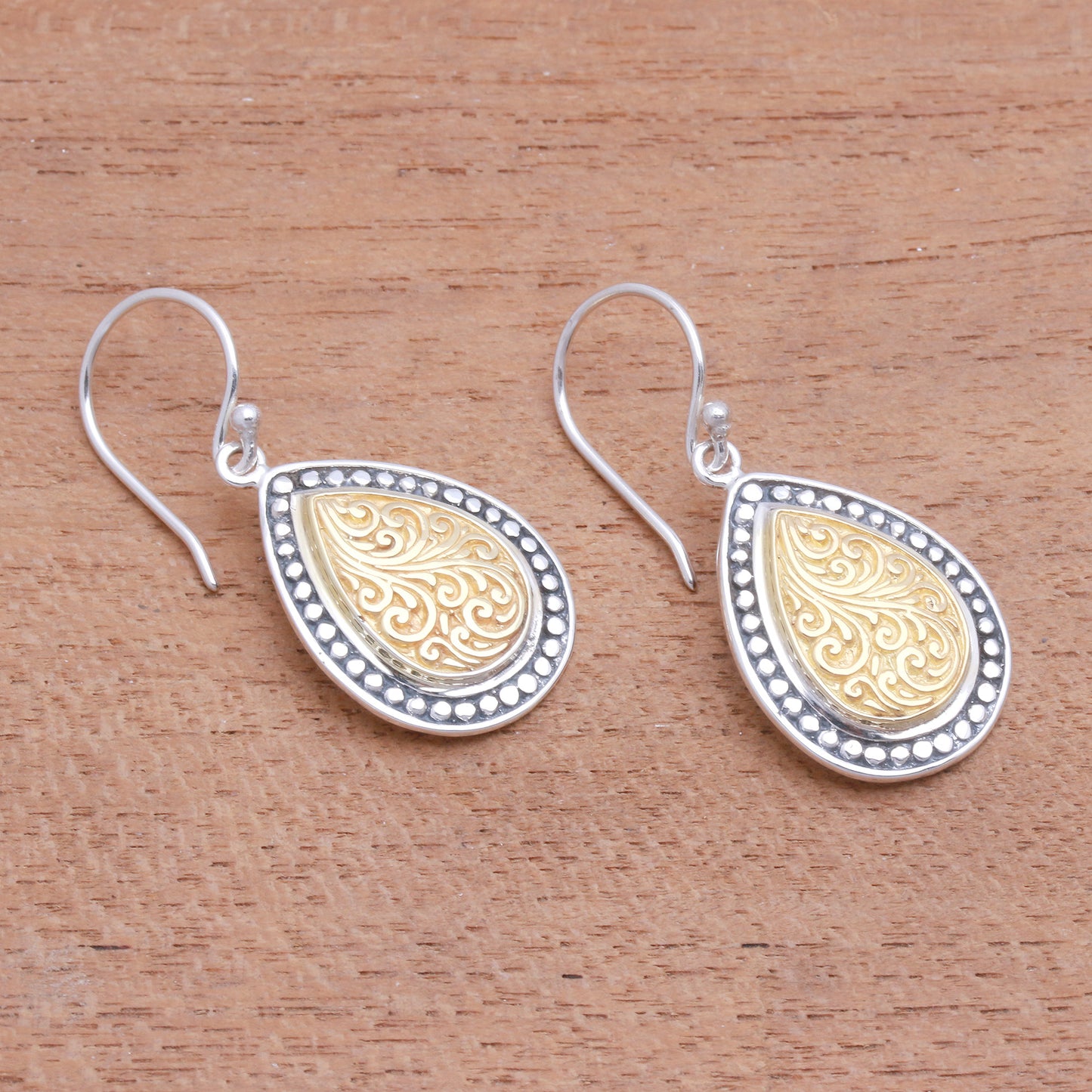 Droplet Frames Swirl Pattern Gold Accented Sterling Silver Dangle Earrings
