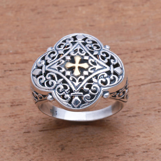 Jagaraga Prince Cross-Themed Gold Accented Sterling Silver Signet Ring