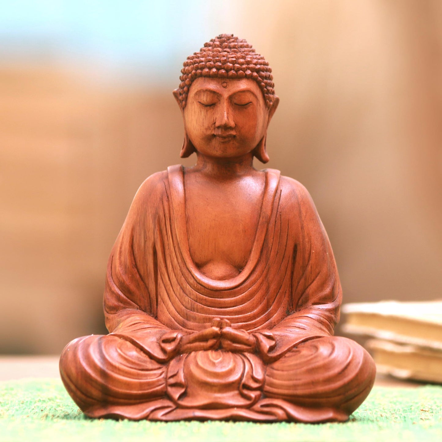 Let Peace In Hand-Carved Suar Wood Buddha Sculpture from Indonesia