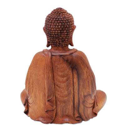 Let Peace In Hand-Carved Suar Wood Buddha Sculpture from Indonesia