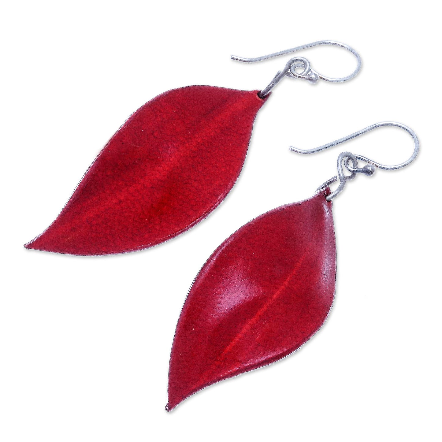 Fanciful Leaves in Red Leaf-Shaped Leather Dangle Earrings in Red from Thailand