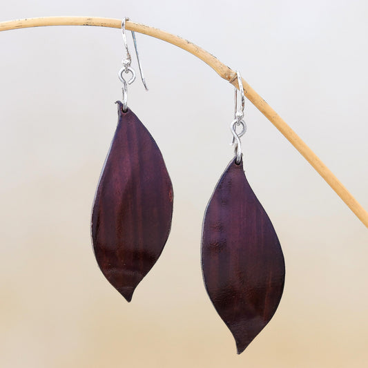 Fanciful Leaves in Brown Leaf-Shaped Leather Dangle Earrings in Brown from Thailand