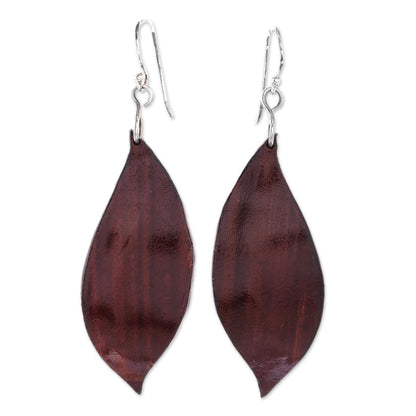 Fanciful Leaves in Brown Leaf-Shaped Leather Dangle Earrings in Brown from Thailand