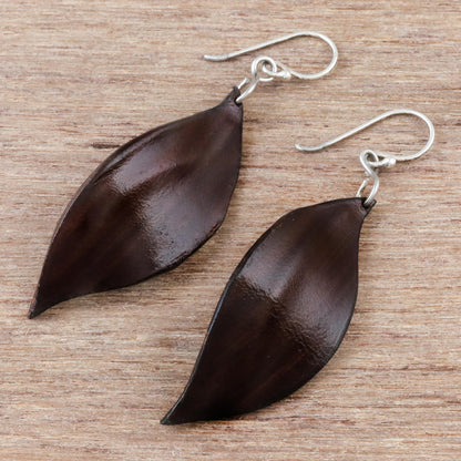 Fanciful Leaves in Brown Leaf-Shaped Leather Dangle Earrings in Brown from Thailand