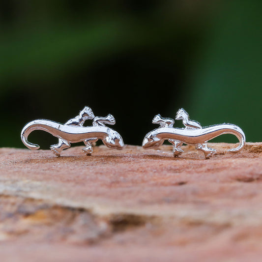 Sleek Salamander 925 Silver Salamander Stud Earrings Handcrafted in Thailand