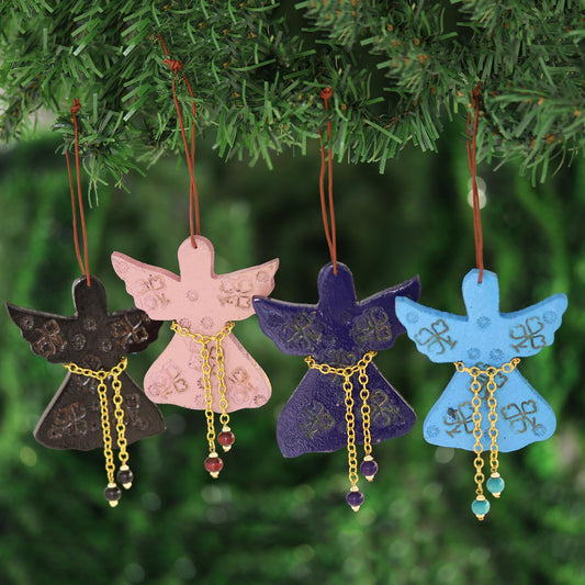 Seasonal Message Assorted Mango Wood Angel Ornaments from India (Set of 4)