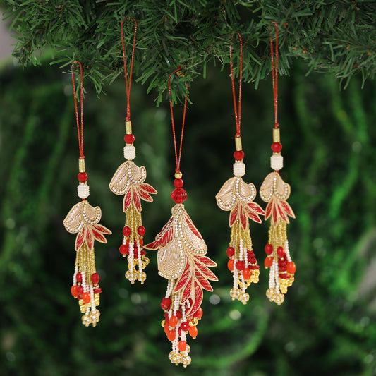 Holiday Gala Gold and Red Beaded Ornaments from India (Set of 5)