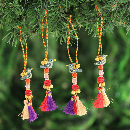 Chirping Birds Bird-Themed Wood Beaded Ornaments from India (Set of 4)