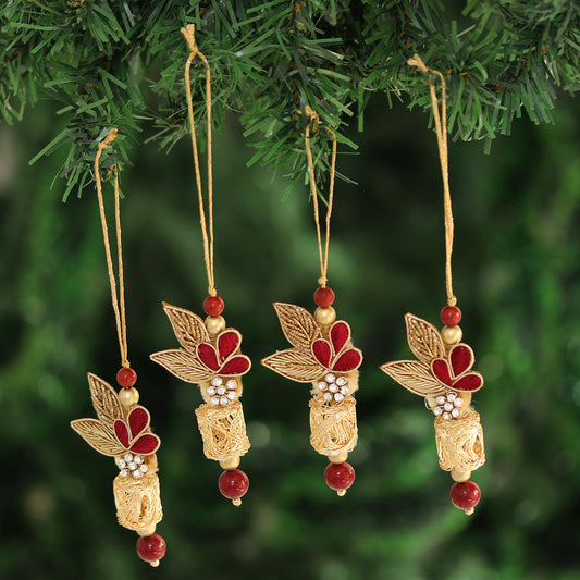 Gorgeous Quartet Red and Gold-Tone Beaded Ornaments from India (Set of 4)