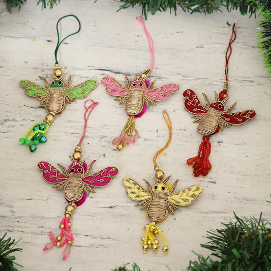 Colorful Bees Assorted Beaded Bee Ornaments from India (Set of 5)