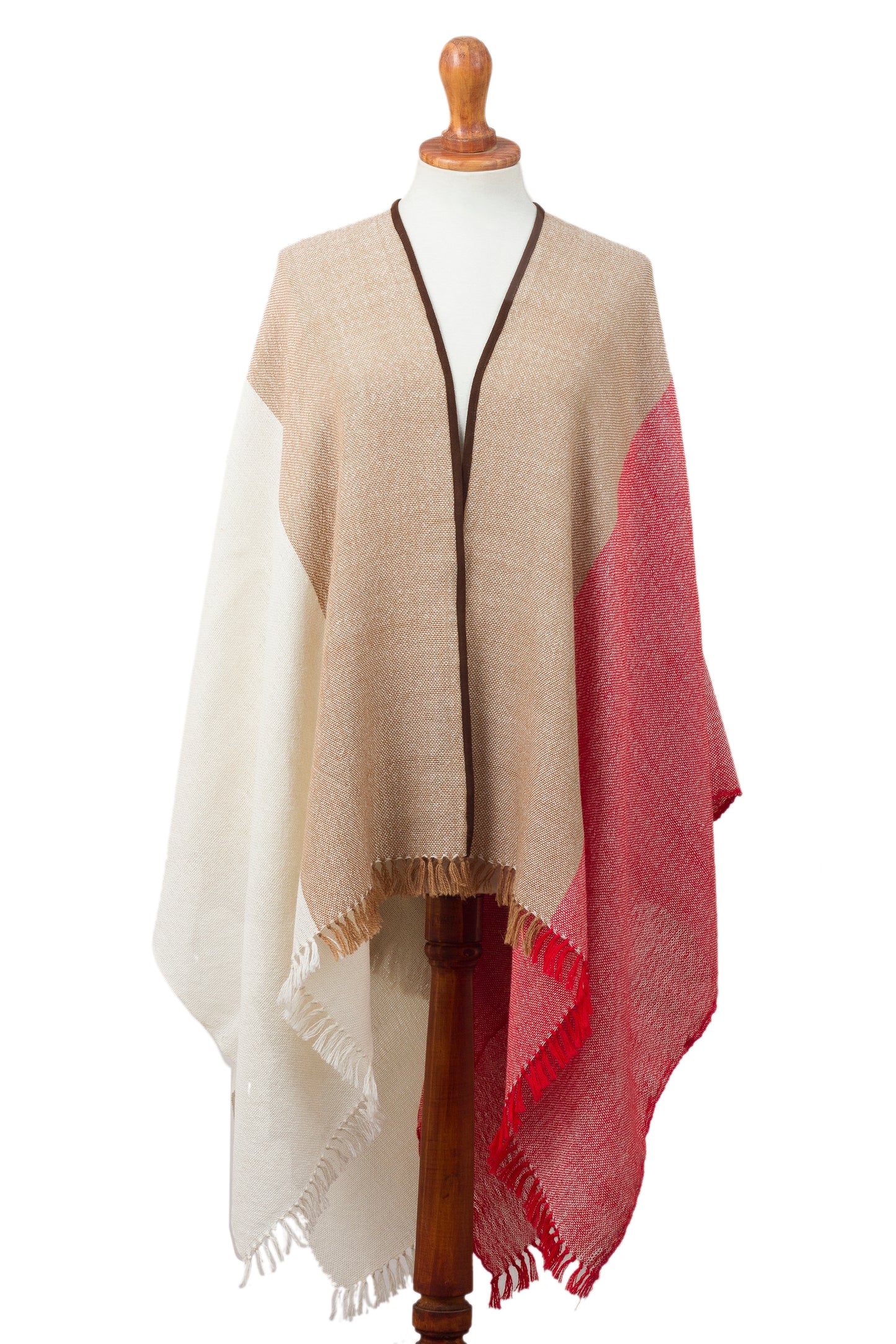 Fantastic Combination Tri-Color Suede Accented 100% Baby Alpaca Ruana from Peru