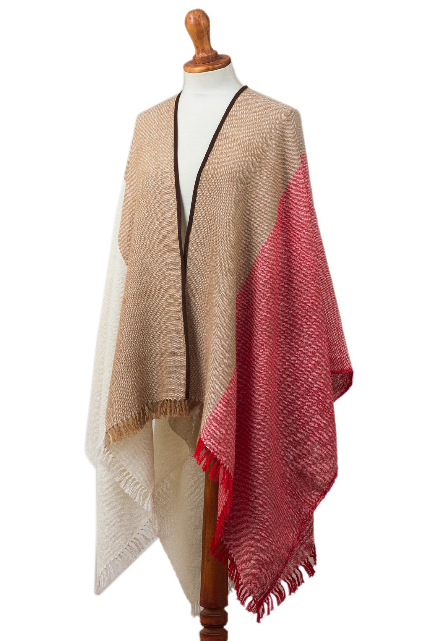 Fantastic Combination Tri-Color Suede Accented 100% Baby Alpaca Ruana from Peru