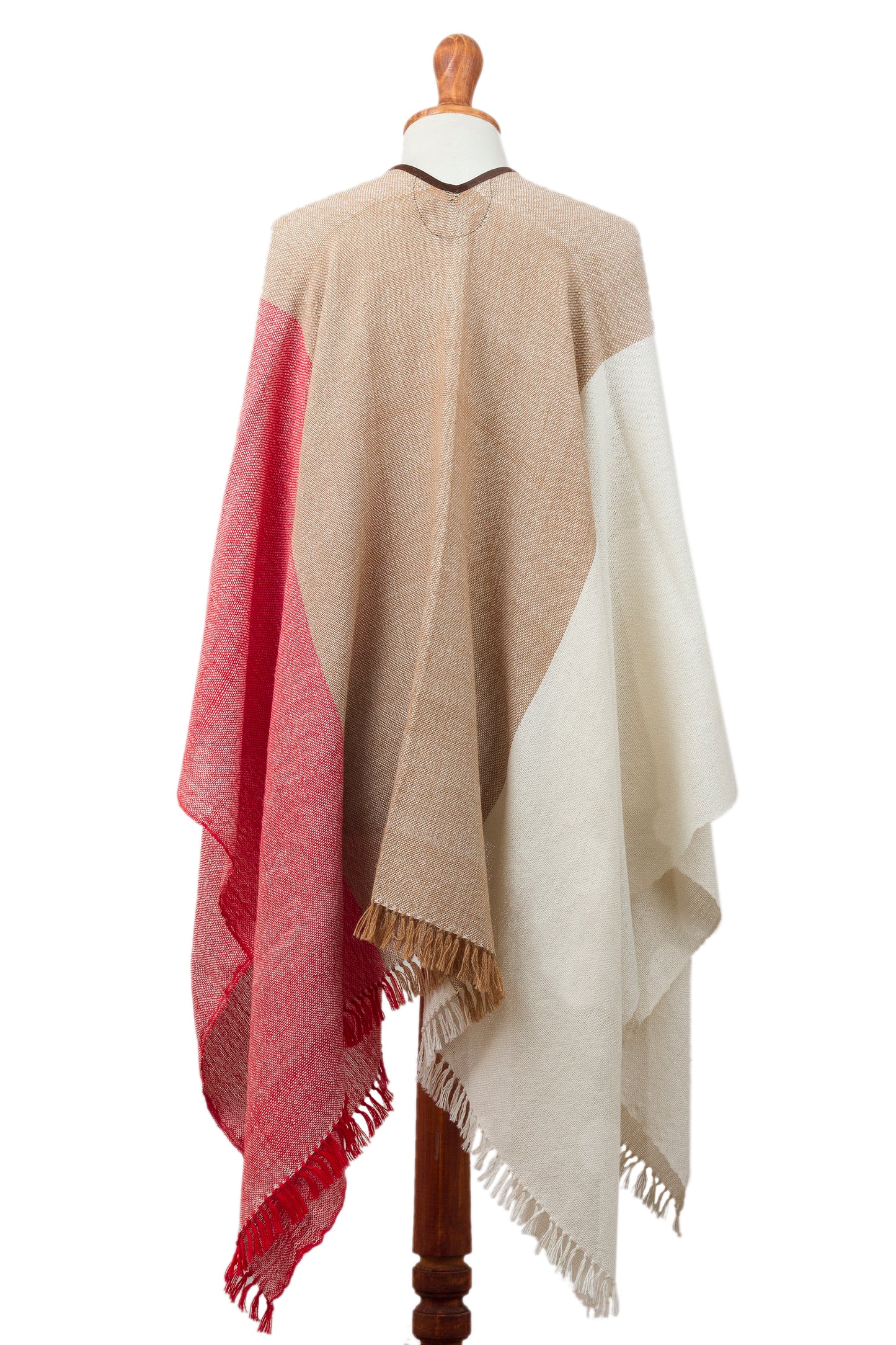 Fantastic Combination Tri-Color Suede Accented 100% Baby Alpaca Ruana from Peru