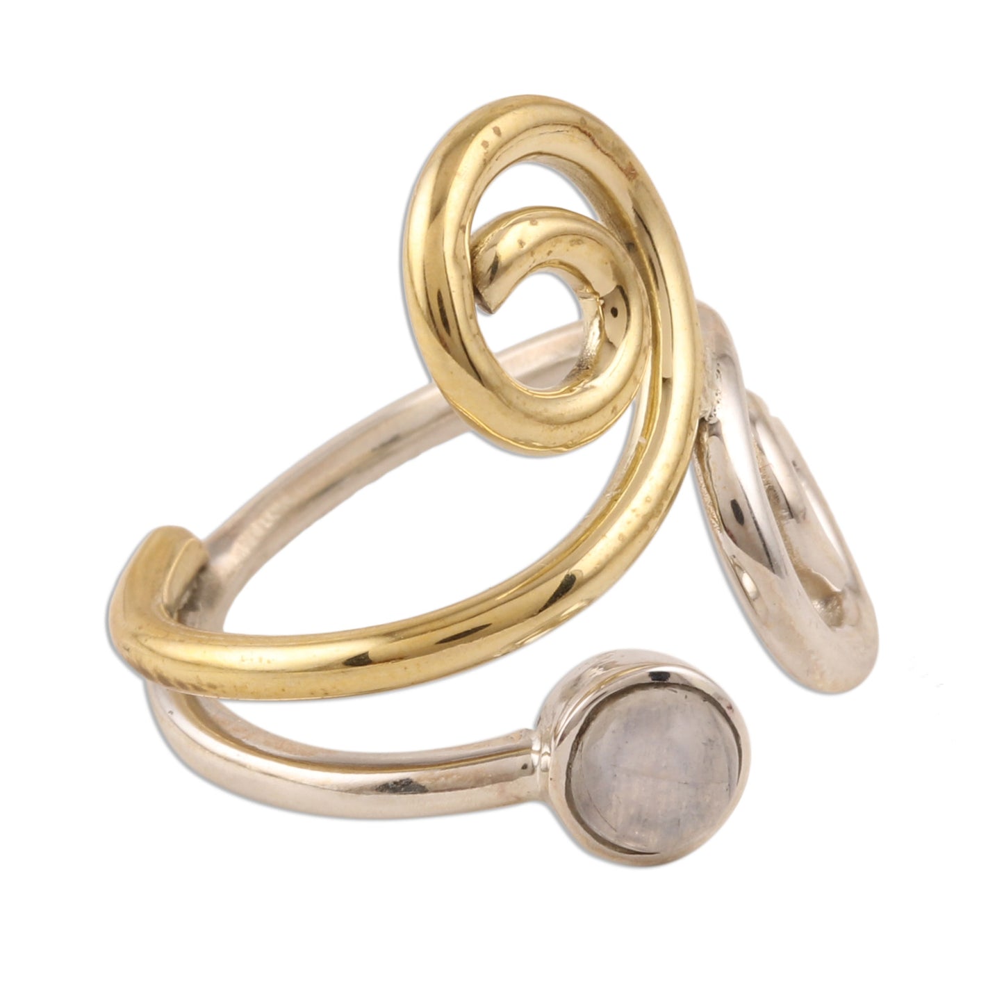 Curling Union Rainbow Moonstone Ring with Sterling Silver and Brass