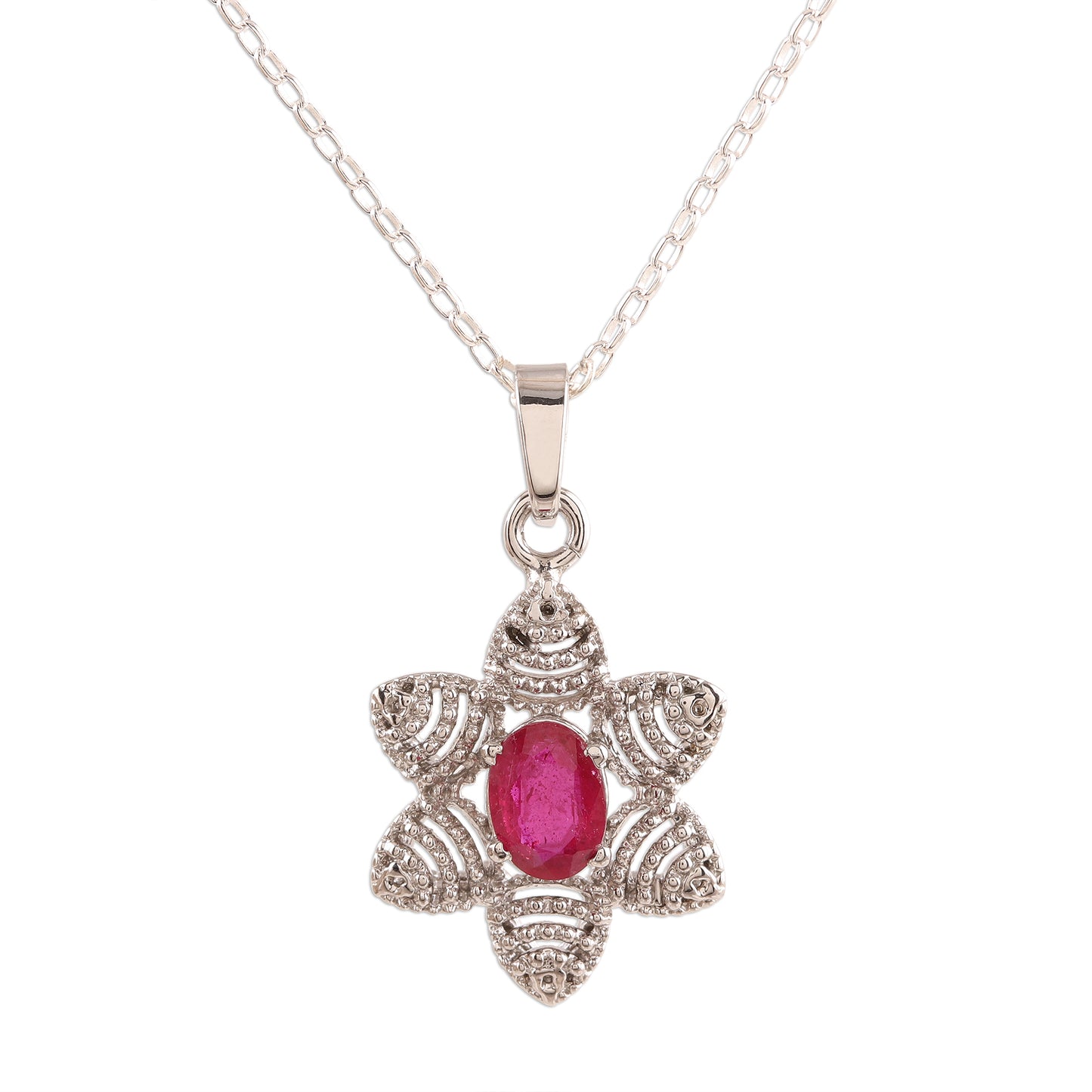 Snow Flower Foral Faceted Ruby Pendant Necklace from India