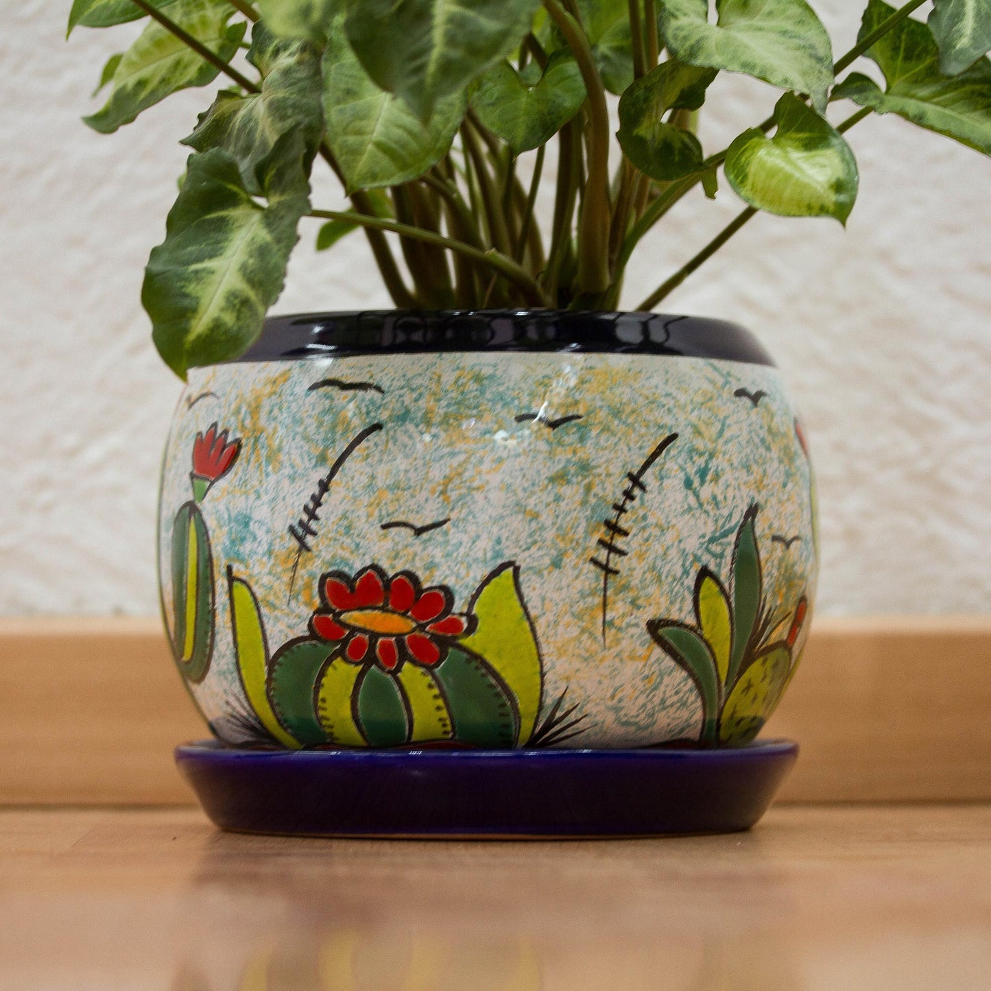 Mexican Memories Handcrafted Ceramic Flower Pot with Cactus Images