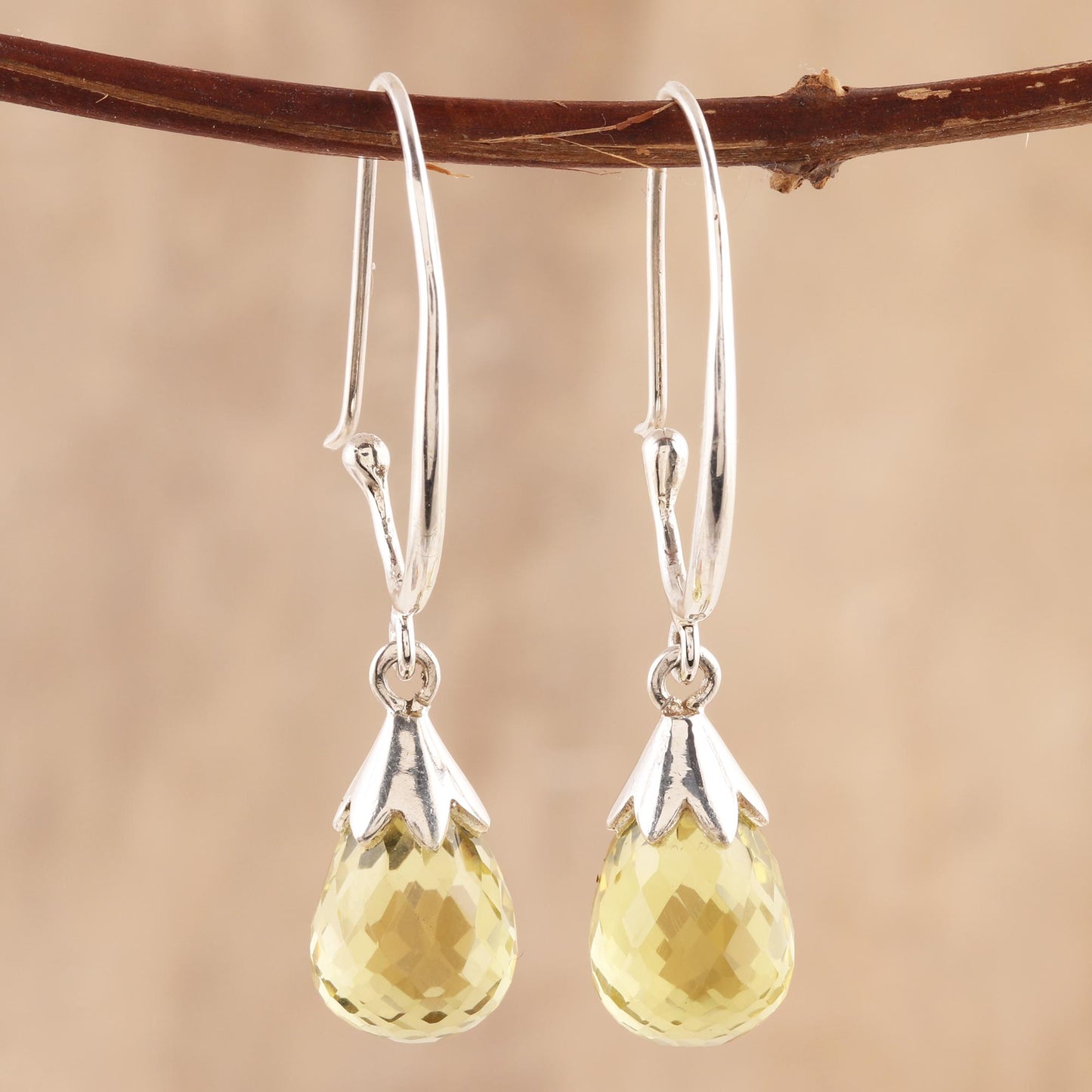 Glittering Dew 10-Carat Lemon Quartz Dangle Earrings from India