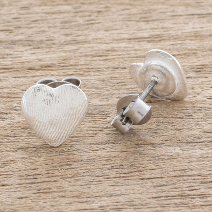 Fingerprint of Love Heart-Shaped Fine Silver Stud Earrings from Guatemala