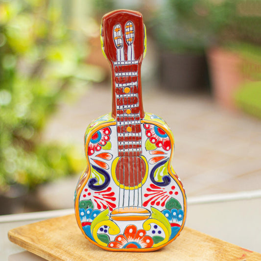 Talavera Guitar Talavera-Style Ceramic Guitar Sculpture from Mexico