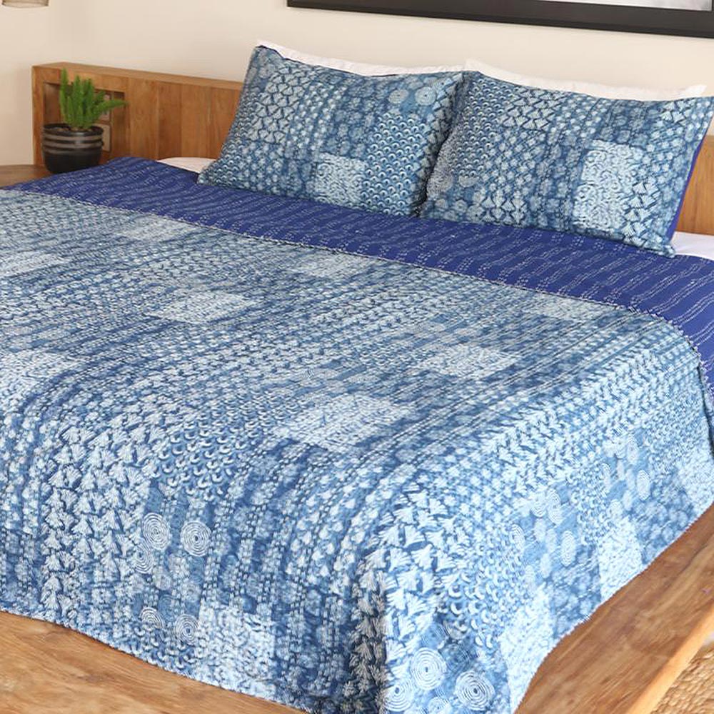 Kantha Charm in Blue Blue and White Cotton Kantha Bedspread and Shams (3 Piece)