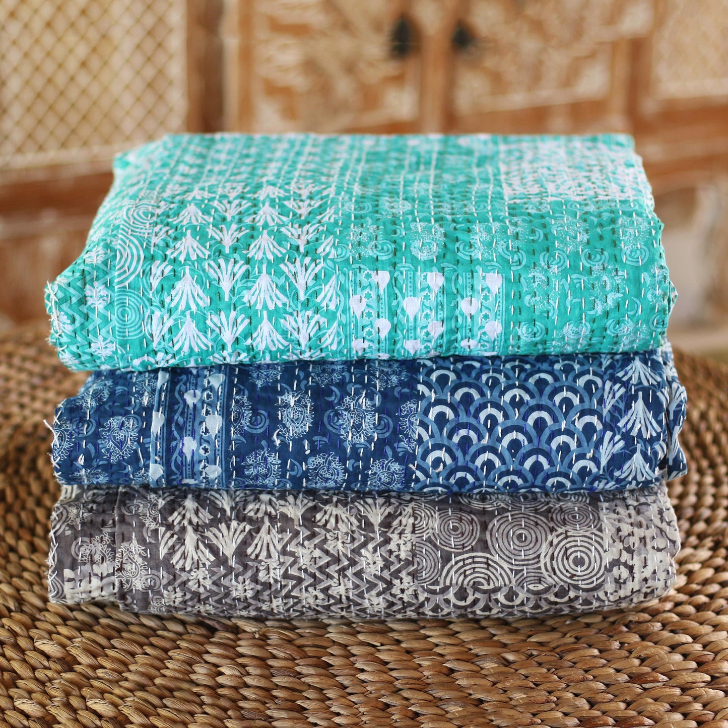 Kantha Charm in Blue Blue and White Cotton Kantha Bedspread and Shams (3 Piece)