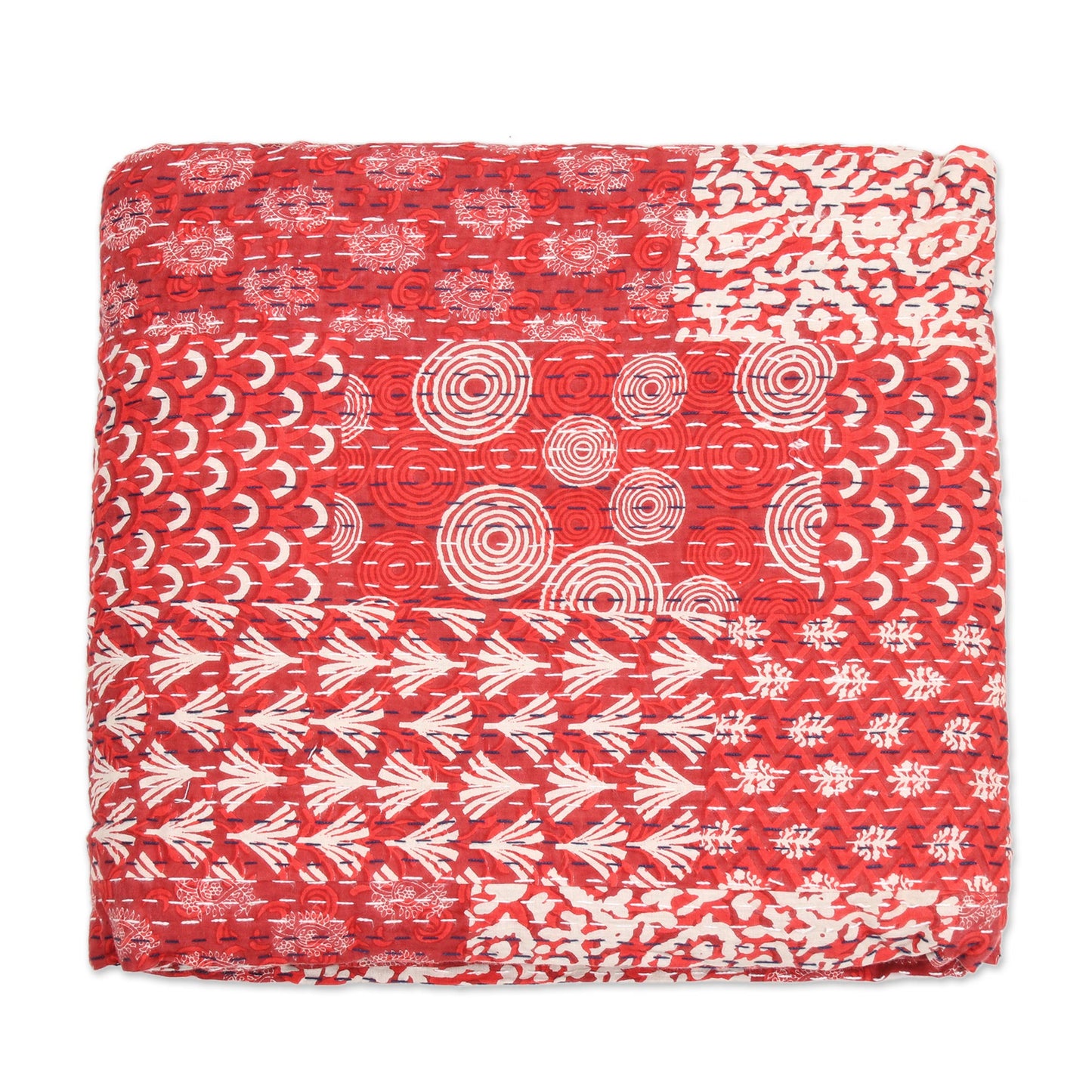 Kantha Charm in Red Red Kantha Stitch Cotton Bedding Set from India (3 Pcs)