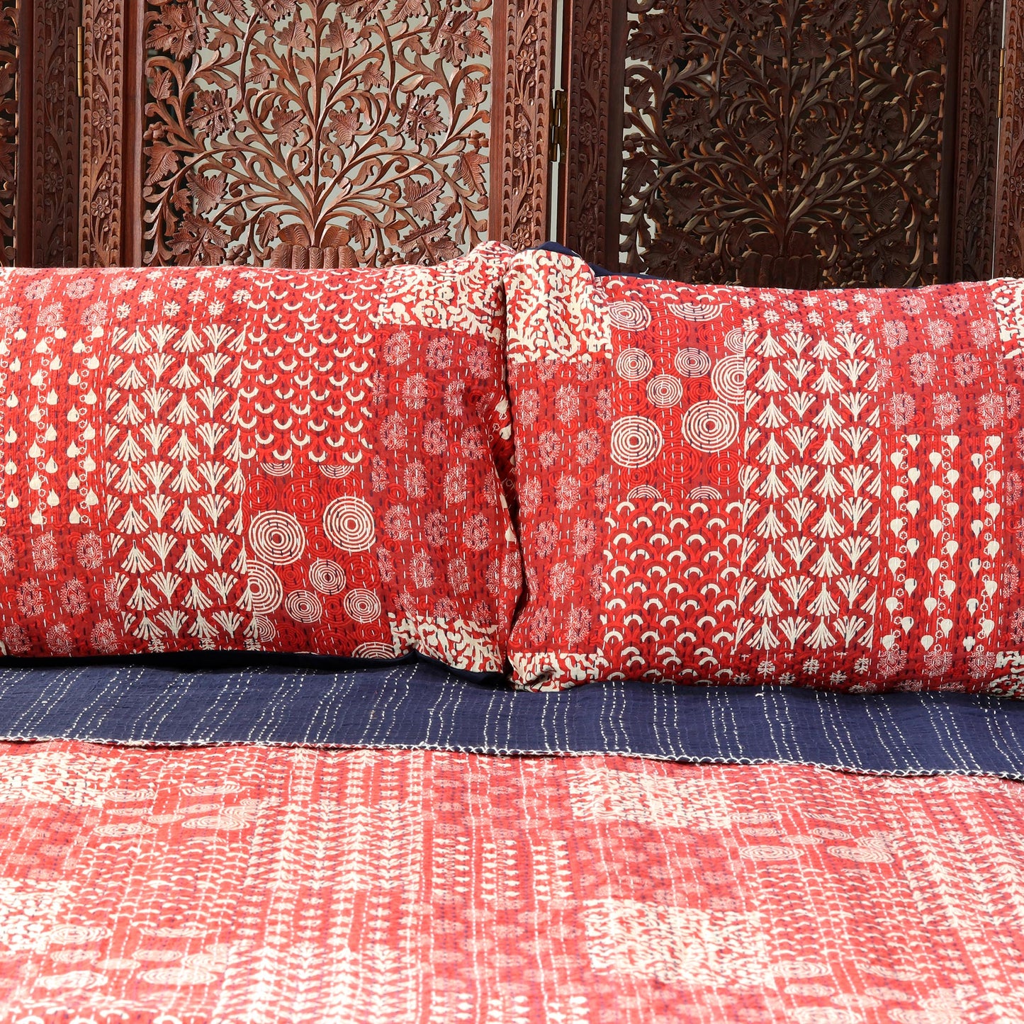 Kantha Charm in Red Red Kantha Stitch Cotton Bedding Set from India (3 Pcs)