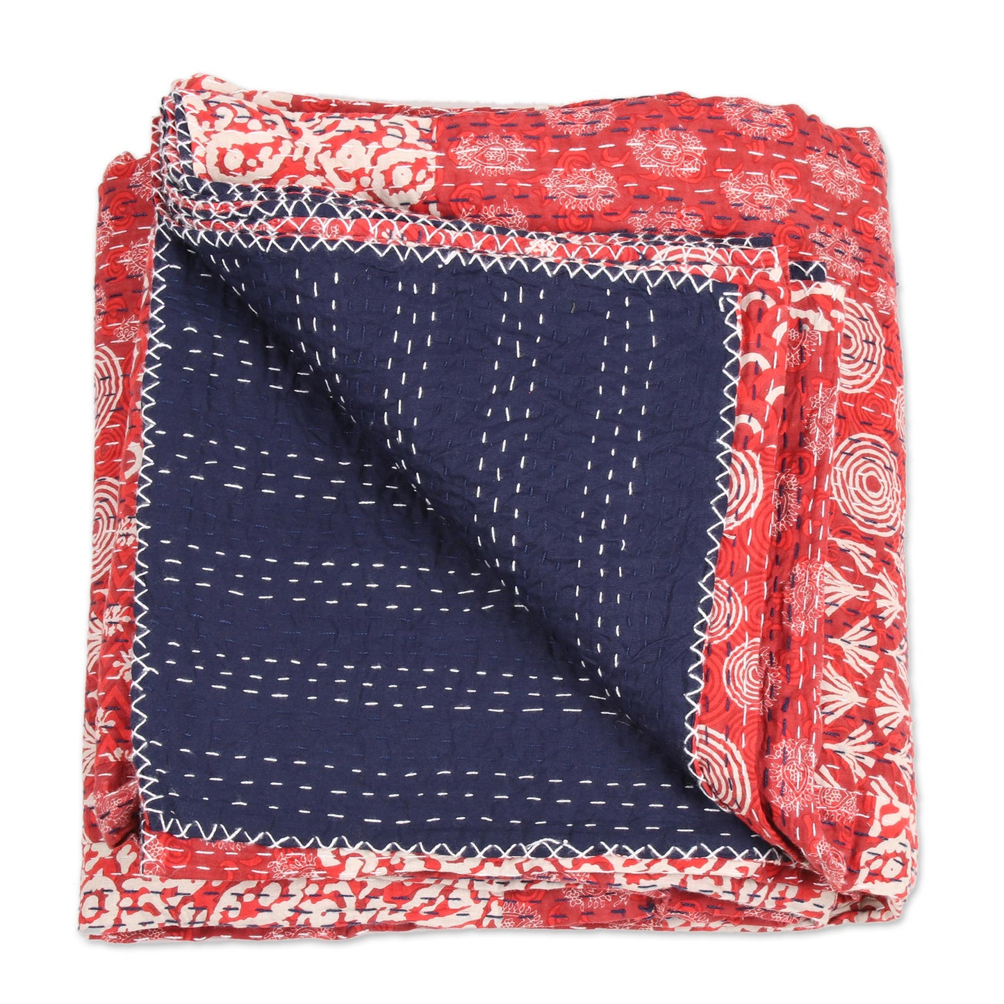 Kantha Charm in Red Red Kantha Stitch Cotton Bedding Set from India (3 Pcs)