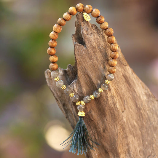 Batuan Harmony Gold Accented Labradorite and Wood Beaded Stretch Bracelet