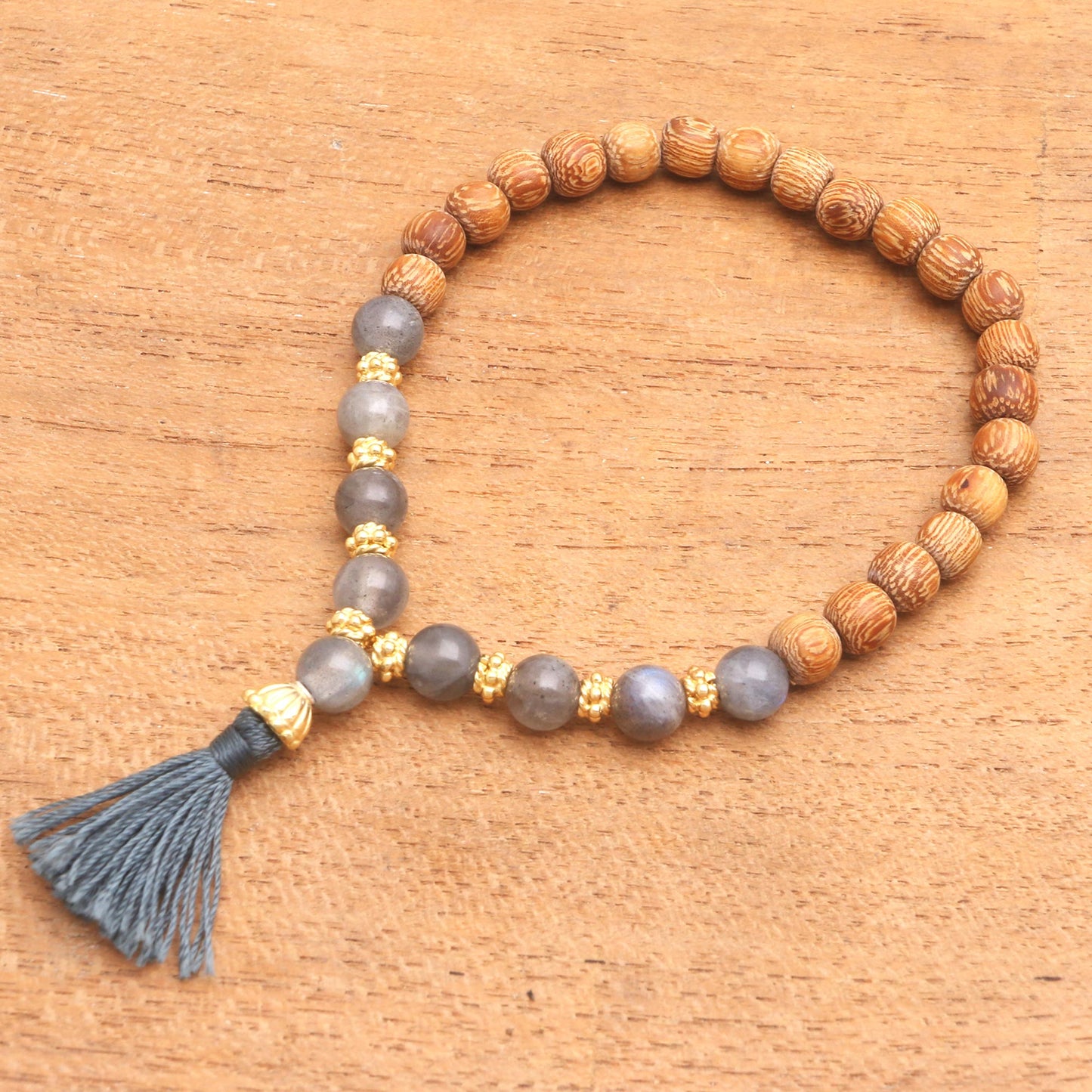 Batuan Harmony Gold Accented Labradorite and Wood Beaded Stretch Bracelet