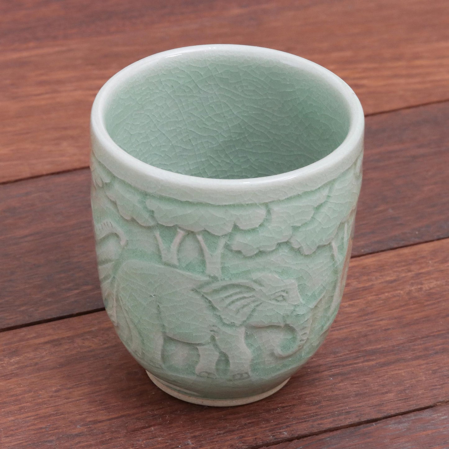 Elephant Forest Elephant-Themed Celadon Ceramic Teacup from Thailand