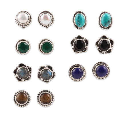 Everyday Pairs Multi-Gemstone Stud Earrings from India (Set of 7)