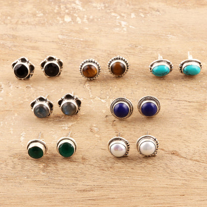 Everyday Pairs Multi-Gemstone Stud Earrings from India (Set of 7)