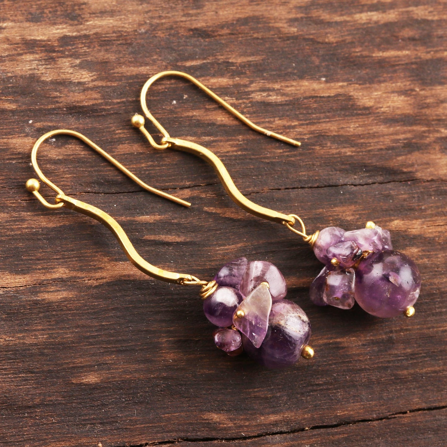 Gemstone Burst Purple Quartz Beaded Dangle Earrings from India