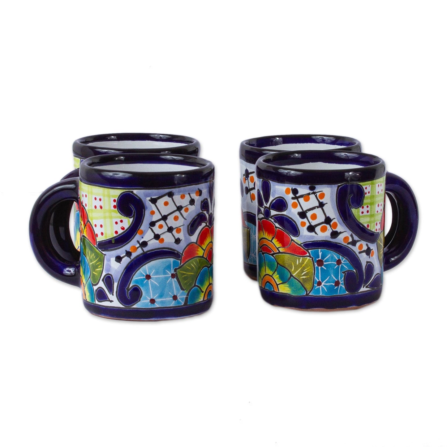 Raining Flowers Four Mexican Talavera Style Floral Ceramic Mugs