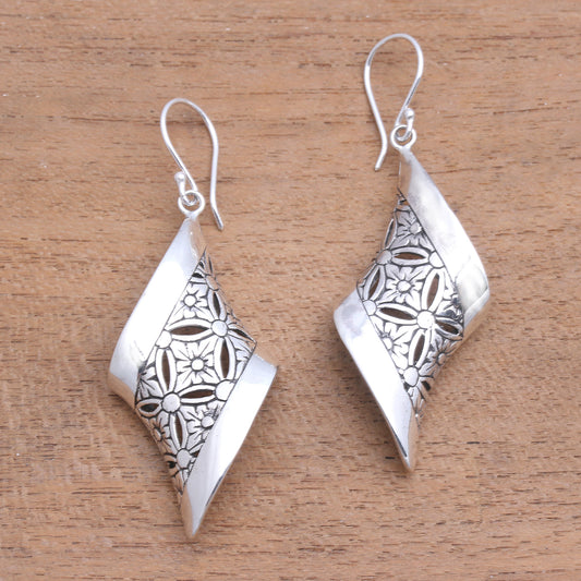 Curved Bliss Curved Floral Sterling Silver Dangle Earrings from Bali