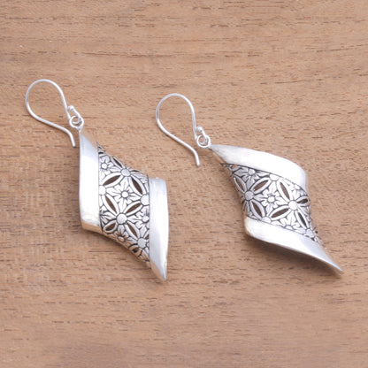 Curved Bliss Curved Floral Sterling Silver Dangle Earrings from Bali