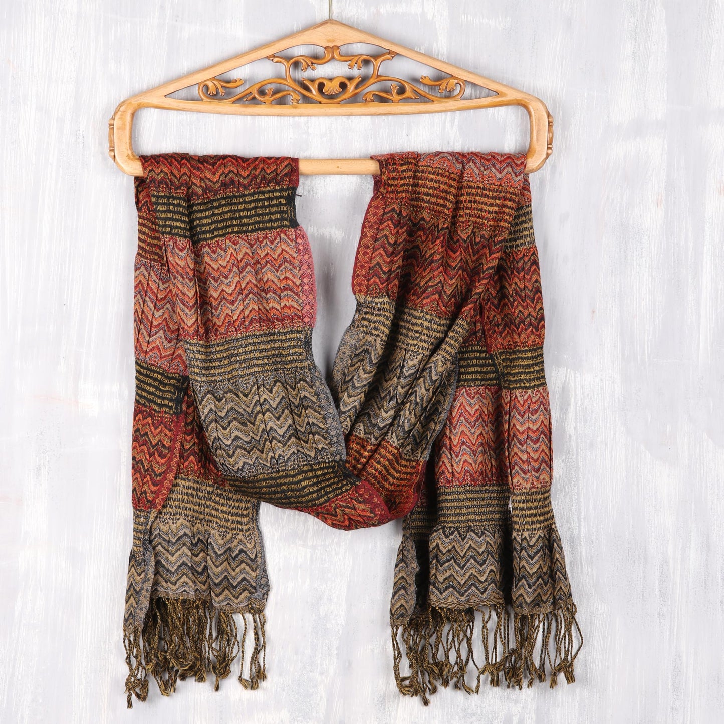 Autumn Waves Wave Pattern Wool Scarf from India