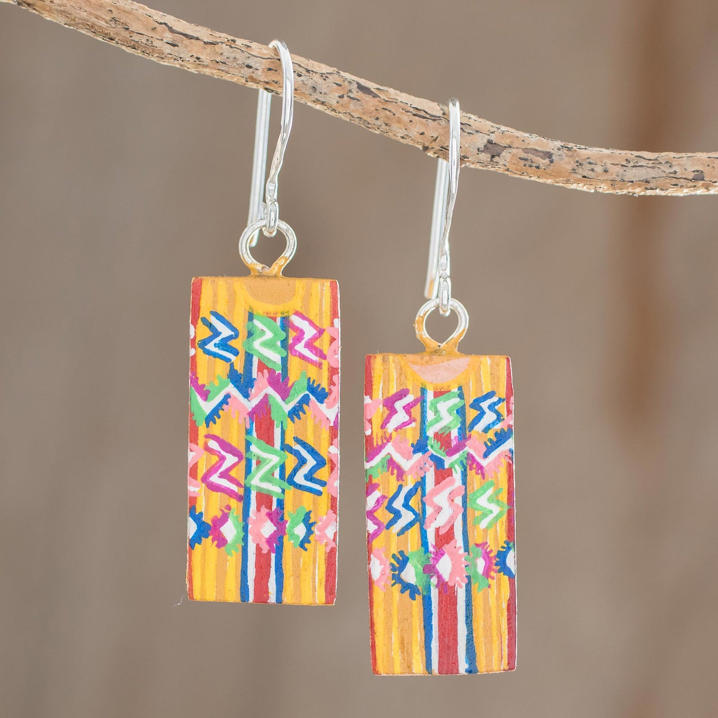 Tecpan Marvels Huipil-Inspired Wood Dangle Earrings from Guatemala