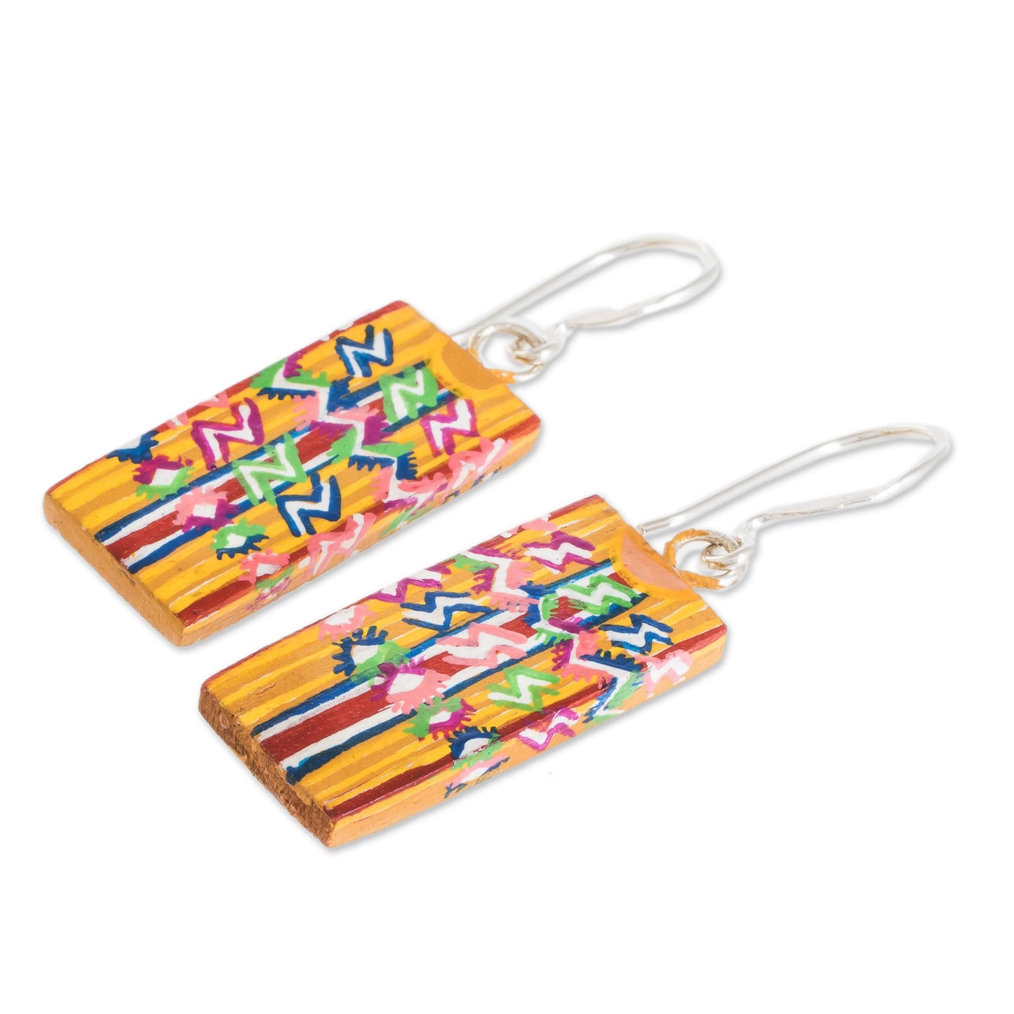 Tecpan Marvels Huipil-Inspired Wood Dangle Earrings from Guatemala