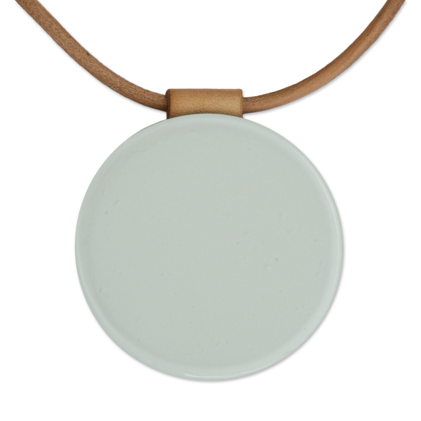 Rising Moon White Art Glass Disc Pendant Brown Leather Cord Necklace