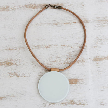 Rising Moon White Art Glass Disc Pendant Brown Leather Cord Necklace