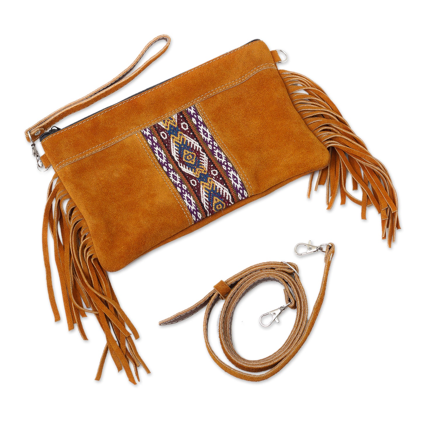 Golden Brown Fringe Fringed Wool Accented Suede Handbag in Golden Brown