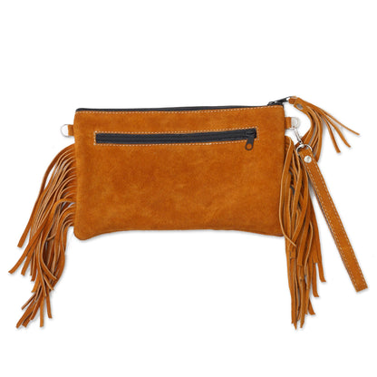 Golden Brown Fringe Fringed Wool Accented Suede Handbag in Golden Brown