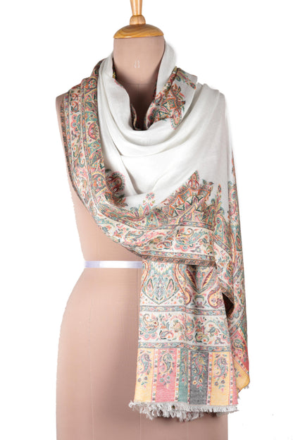 Mughal Fresco Modal Woven Shawl White with Multicolored Motifs