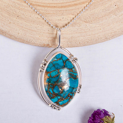 Wintry Eye Composite Turquoise and Taxco Silver Pendant Necklace