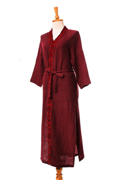 Relaxing Sangria Embroidered Cotton Robe in Cerise and Strawberry