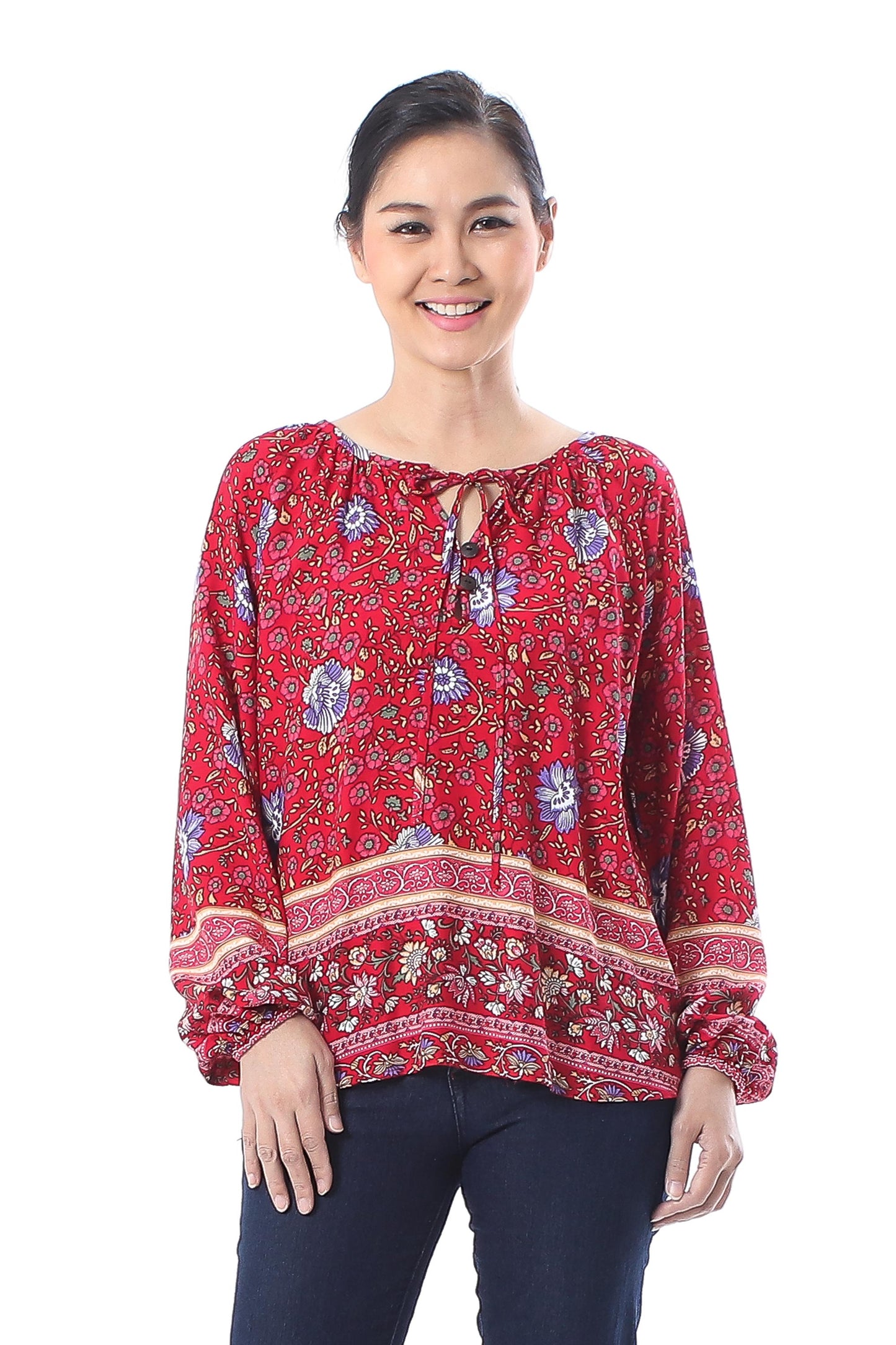 Poppy Garden Floral Rayon Blouse in Poppy Crafted in Thailand